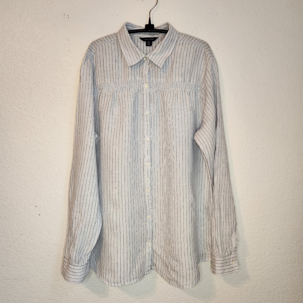 Lands' End Women's Pinstriped Smocked Blue 100% Linen Button-Down Shirt, Size XL